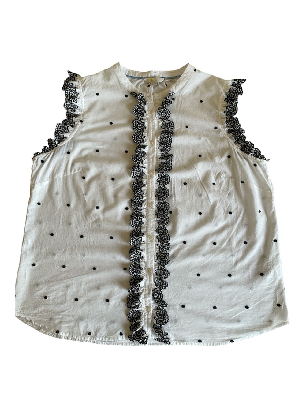 Boden White Sleeveless Polka Dot Blouse with Black Lace Trim